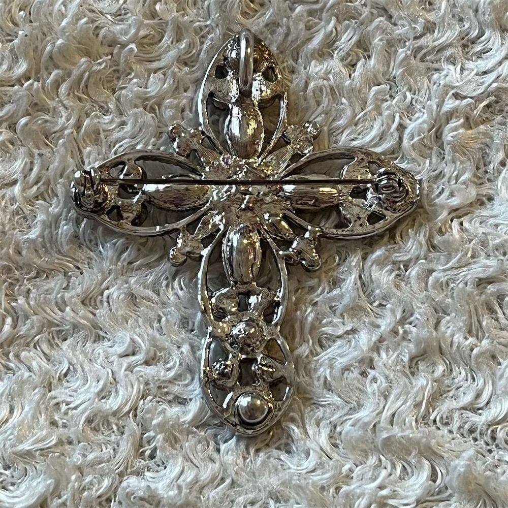 Vintage Rhinestone Cross Pendant/Brooch Sterling Silver Religious Pin/Necklace - Picture 2 of 6